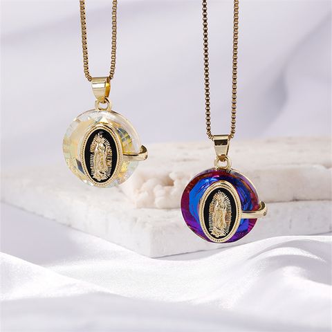 Wholesale Elegant Vintage Style Artistic Portrait Virgin Mary 304 Stainless Steel Copper Inlay K Gold Plated Artificial Crystal Pendant Necklace