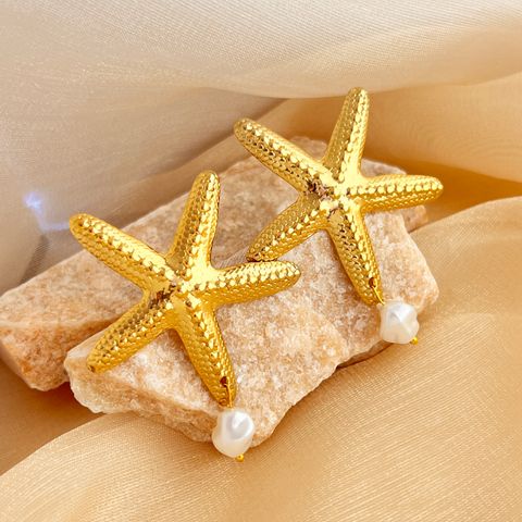 1 Pair Elegant Glam Luxurious Starfish Pearl 304 Stainless Steel 18K Gold Plated Drop Earrings