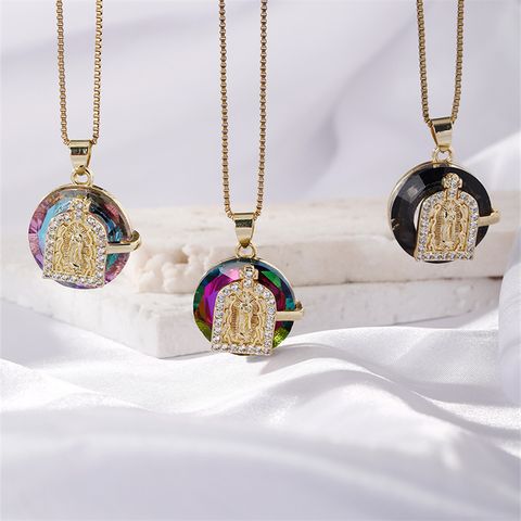 Wholesale Elegant Vintage Style Simple Style Human Round 304 Stainless Steel Copper Inlay K Gold Plated Crystal Pendant Necklace