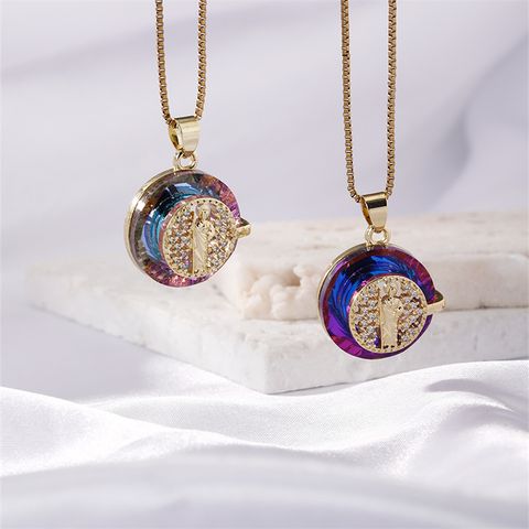 Wholesale Elegant Vintage Style Vacation Human Round 304 Stainless Steel Copper Inlay K Gold Plated Crystal Pendant Necklace