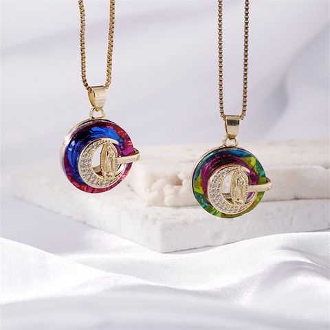 Wholesale Vintage Style Ethnic Style Artistic Human Moon 304 Stainless Steel Copper Inlay K Gold Plated Crystal Pendant Necklace