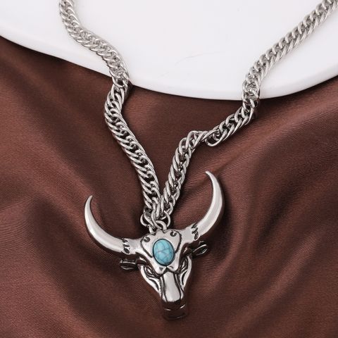 Retro Cattle Metal Handmade Inlay Turquoise Unisex Pendant Necklace