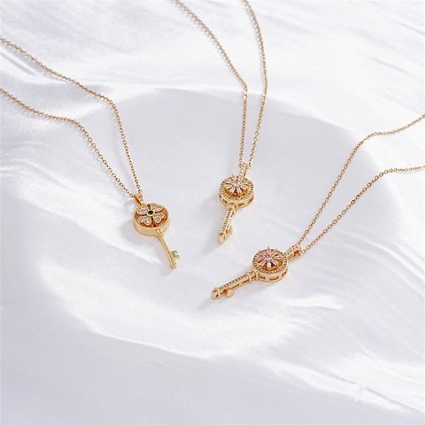 Wholesale Casual Glam Sweet Four Leaf Clover Key 304 Stainless Steel Copper Three-dimensional Inlay K Gold Plated Zircon Pendant Necklace