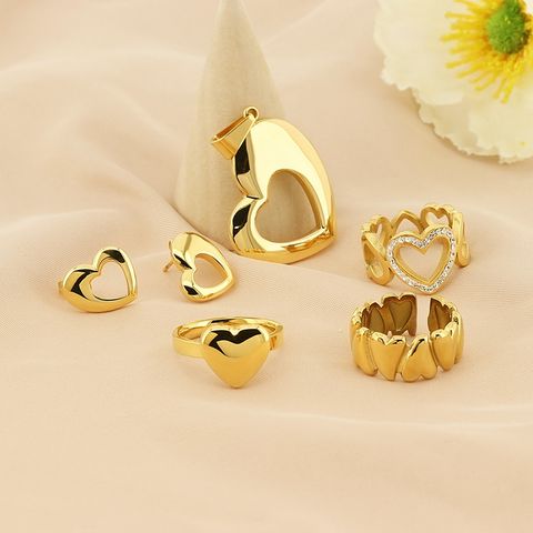 304 Stainless Steel 18K Gold Plated Simple Style Hollow Out Inlay Heart Shape Zircon Charms Rings Earrings