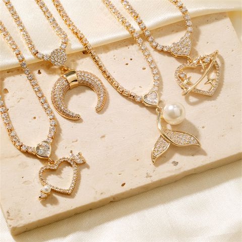 Wholesale Cute Sweet Artistic Moon Heart Shape Fish Tail Copper Three-dimensional Inlay K Gold Plated Zircon Pendant Necklace
