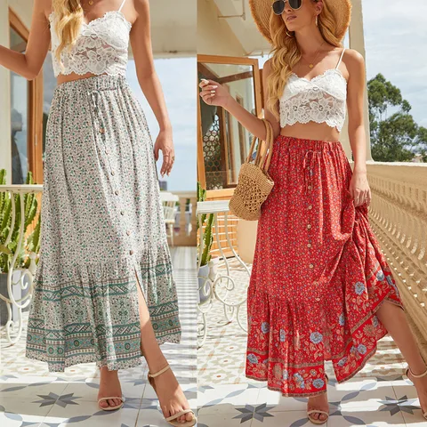 Summer Spring Autumn Tropical Printing Cotton Maxi Long Dress Skirts