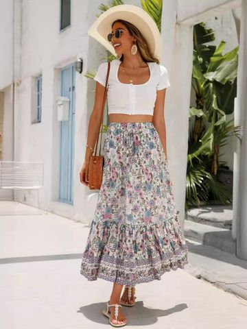 Summer Spring Autumn Tropical Printing Cotton Maxi Long Dress Skirts
