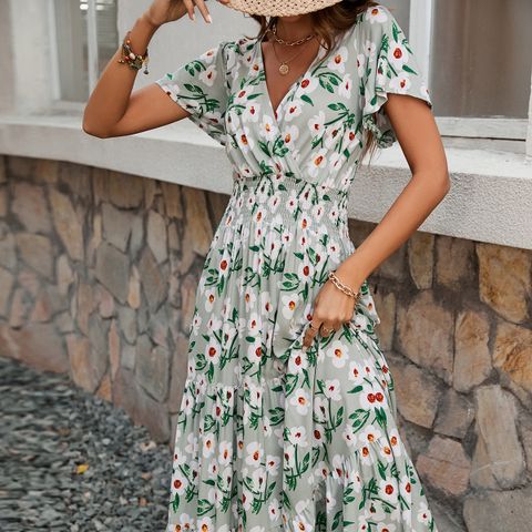 Women's Regular Dress Vacation V Neck Short Sleeve Printing Maxi Long Dress Holiday Park Daily
