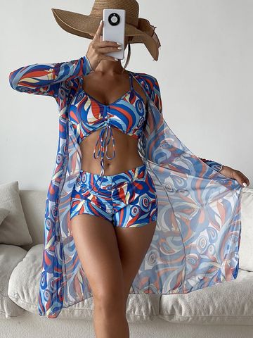 Women's Vacation Printing 3 Pieces Set Bikinis Swimwear