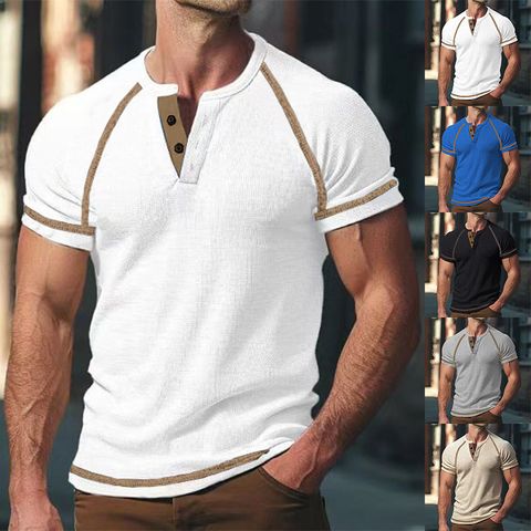 Hombres Color Sólido Estilo Simple Cuello Redondo Sin Cuello Manga Corta Delgado Camiseta Hombre