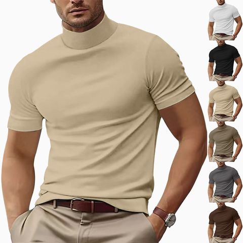Hombres Color Sólido Estilo Simple Suéter Tipo Con Cuello De Tortuga Manga Corta Delgado Camiseta Hombre