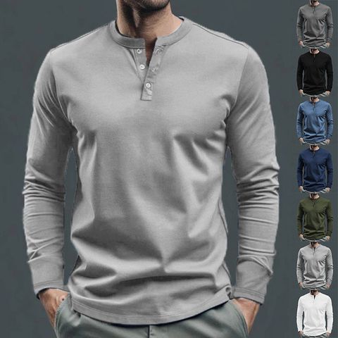 Hombres Color Sólido Estilo Simple Cuello Redondo Sin Cuello Manga Larga Delgado Camiseta Hombre