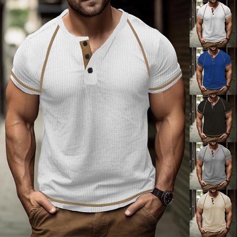 Hombres Color Sólido Estilo Simple Cuello En V Manga Corta Delgado Camiseta Hombre