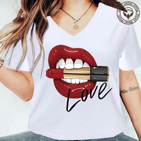 Women's T-shirt Short Sleeve T-Shirts Printing Streetwear Mouth Letter Hand