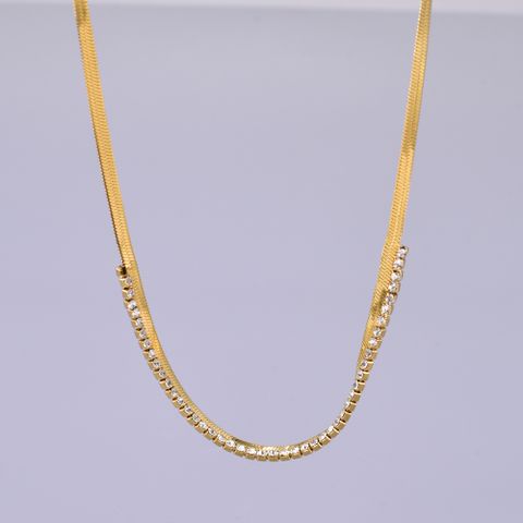 304 Stainless Steel Titanium Steel 18K Gold Plated Elegant Simple Style Plating Inlay Solid Color Rhinestones Necklace