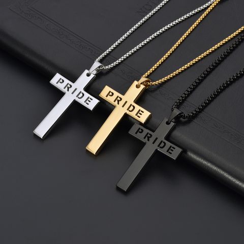Casual Vacation Classic Style Cross Letter 304 Stainless Steel Luminous Polishing Hollow Out 18K Gold Plated Men's Pendant Necklace