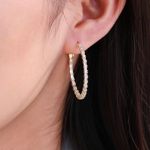 1 Pair IG Style Korean Style Geometric Round Plating Inlay Copper Artificial Gemstones 14K Gold Plated Hoop Earrings
