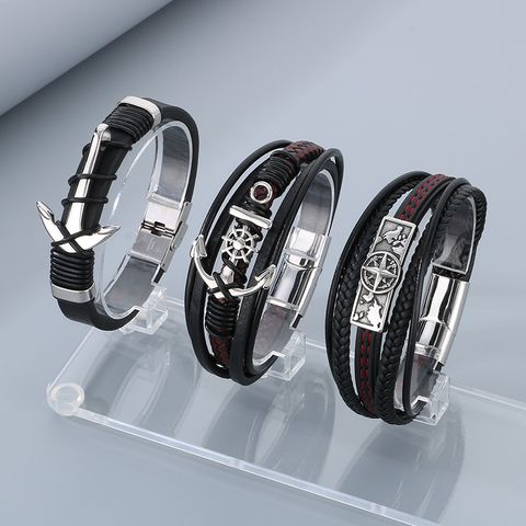 Business Anchor 304 Stainless Steel Leather Layered Men's Bangle