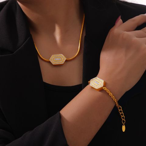 304 Stainless Steel 18K Gold Plated Elegant Simple Style Plating Inlay Hexagon Rhinestones Bracelets Necklace Jewelry Set
