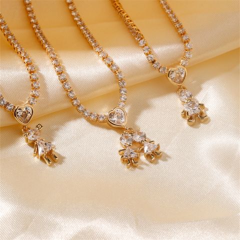 Wholesale Cute Sweet Shiny Human Heart Shape Copper Inlay K Gold Plated Zircon Pendant Necklace