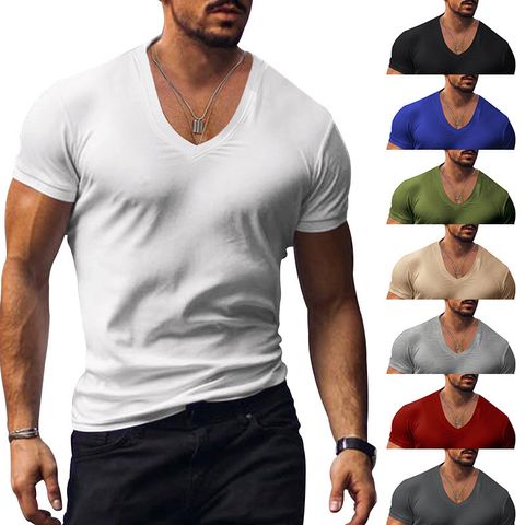 Men's Solid Color Simple Style V Neck Collarless Short Sleeve Slim Men's T-shirt