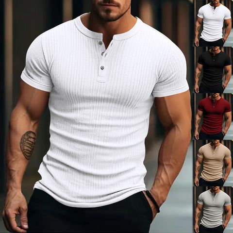 Hombres Color Sólido Estilo Simple Cuello Redondo Manga Corta Delgado Camiseta Hombre