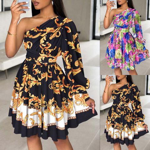 Women's Regular Dress Vintage Style Oblique Collar Printing Long Sleeve Printing Knee-Length Holiday Daily Date