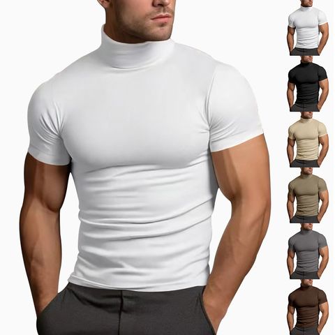 Hombres Color Sólido Estilo Simple Suéter Tipo Con Cuello De Tortuga Manga Corta Delgado Camiseta Hombre