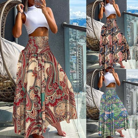 Summer Vintage Style Printing 4-Way Stretch Fabric Spandex Polyester Midi Dress Skirts