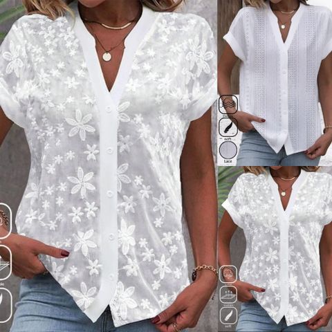 Women's Blouse Short Sleeve Blouses Simple Style Solid Color Flower