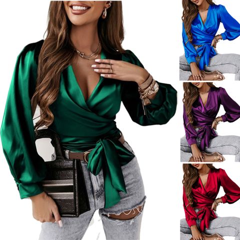Women's Chiffon Shirt Long Sleeve Blouses Sexy Solid Color