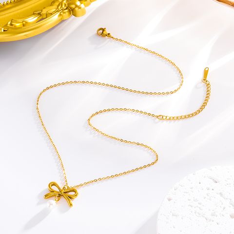 304 Stainless Steel 18K Gold Plated Elegant Lady Simple Style Inlay Bow Knot Artificial Pearls Earrings Necklace