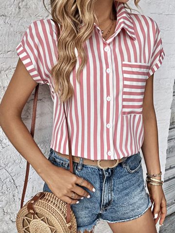 Women's Blouse Short Sleeve Blouses Simple Style Stripe