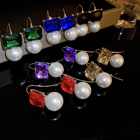 1 Pair Simple Style Classic Style Square Plating Inlay Alloy Imitation Pearl Rhinestones Ear Hook