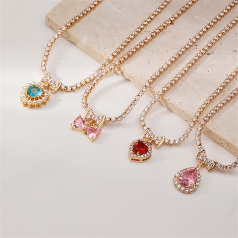Wholesale Elegant Romantic Sweet Heart Shape Bow Knot Copper Plating Inlay K Gold Plated Pearl Zircon Pendant Necklace