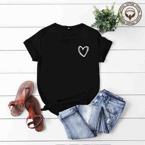 Casual Basic Heart Shape Cotton Polyester Printing T-shirt