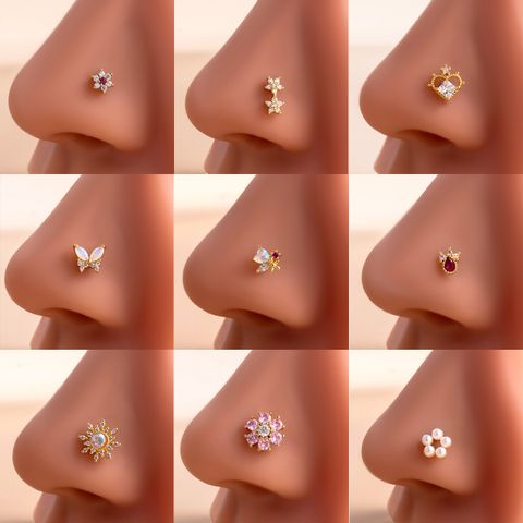 1 Piece Nose Rings & Studs Casual Simple Style Classic Style Heart Shape Flower Butterfly 316L Stainless Steel  Copper Inlay Zircon Nose Rings & Studs