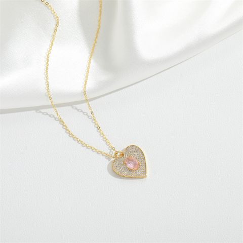 Wholesale Vintage Style Simple Style Heart Shape Copper Plating Inlay 14K Gold Plated Zircon Pendant Necklace