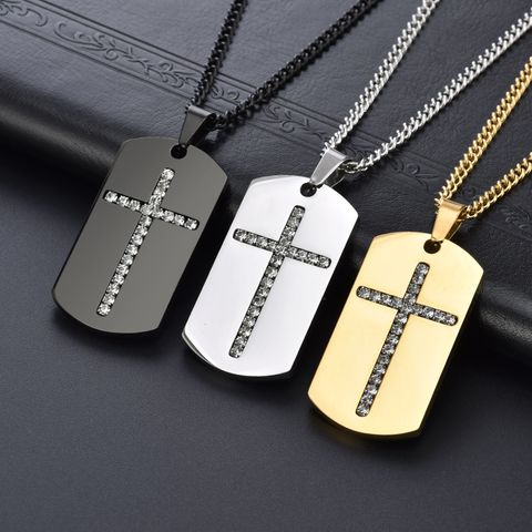 Casual Vacation Cross 304 Stainless Steel Plating Inlay Crystal 18K Gold Plated Men's Pendant Necklace