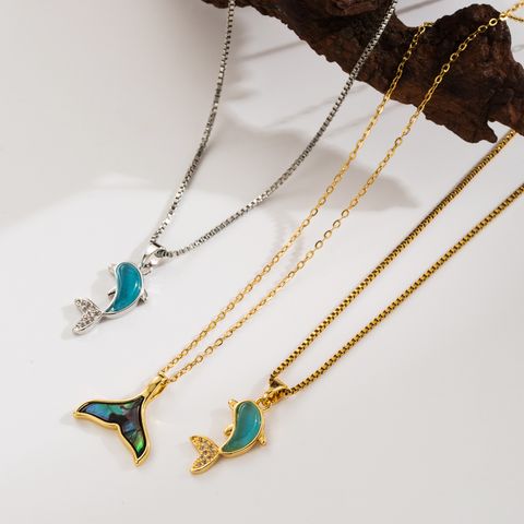 Wholesale Beach Fish Tail Whale 304 Stainless Steel Copper Inlay 18K Gold Plated Resin Abalone Shell Pendant Necklace