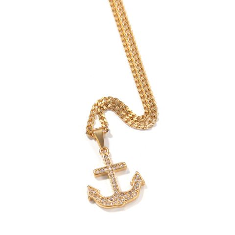 304 Stainless Steel IG Style Retro Plating Inlay Pistol Axe Anchor Zircon Pendant Necklace