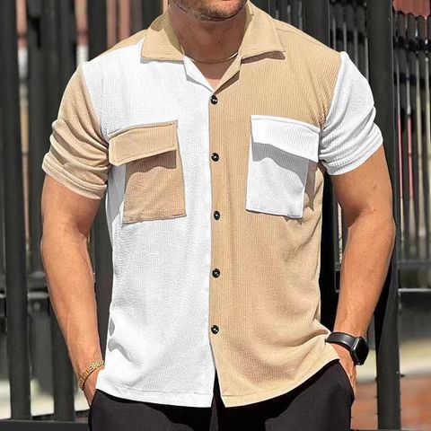 Men's Color Block Streetwear Turndown Short Sleeve Loose Men's Tops