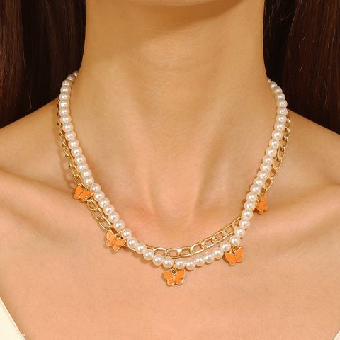 Japanischer Stil Ethnischer Stil Schmetterling Imitationsperle Legierung Perlen Emaille Frau Halskette