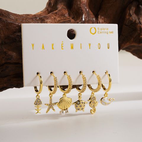 Copper 14K Gold Plated Yakemiyou Simple Style Inlay Tortoise Hippocampus Fish Tail Artificial Pearls Zircon Ear Studs