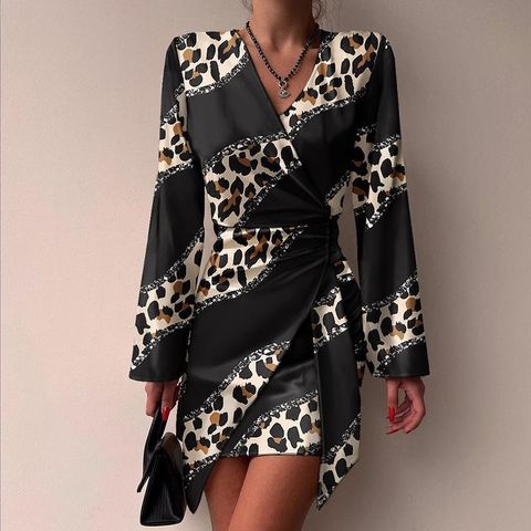 Women's Regular Dress Elegant V Neck Printing Long Sleeve Color Block Leopard Above Knee Holiday Date Bar
