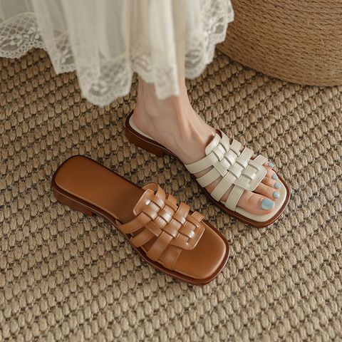 Women's British Style Solid Color Open Toe Slides Slippers