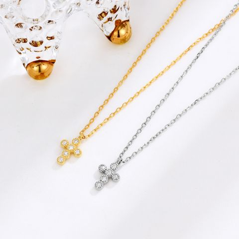 Sterling Silver Elegant Simple Style Diamond Cross Pendant Necklace