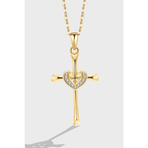 Sterling Silver 18K Gold Plated Casual Simple Style Cross Heart Shape Zircon Pendant Necklace