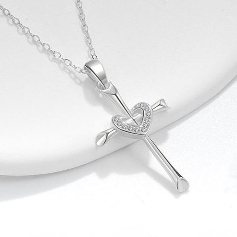 Sterling Silver 18K Gold Plated Casual Simple Style Cross Heart Shape Zircon Pendant Necklace