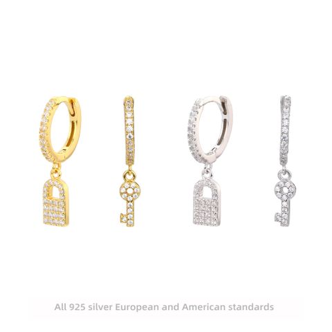 1 Pair Casual Simple Style Key Lock Asymmetrical Plating Inlay Sterling Silver Zircon White Gold Plated Gold Plated Drop Earrings